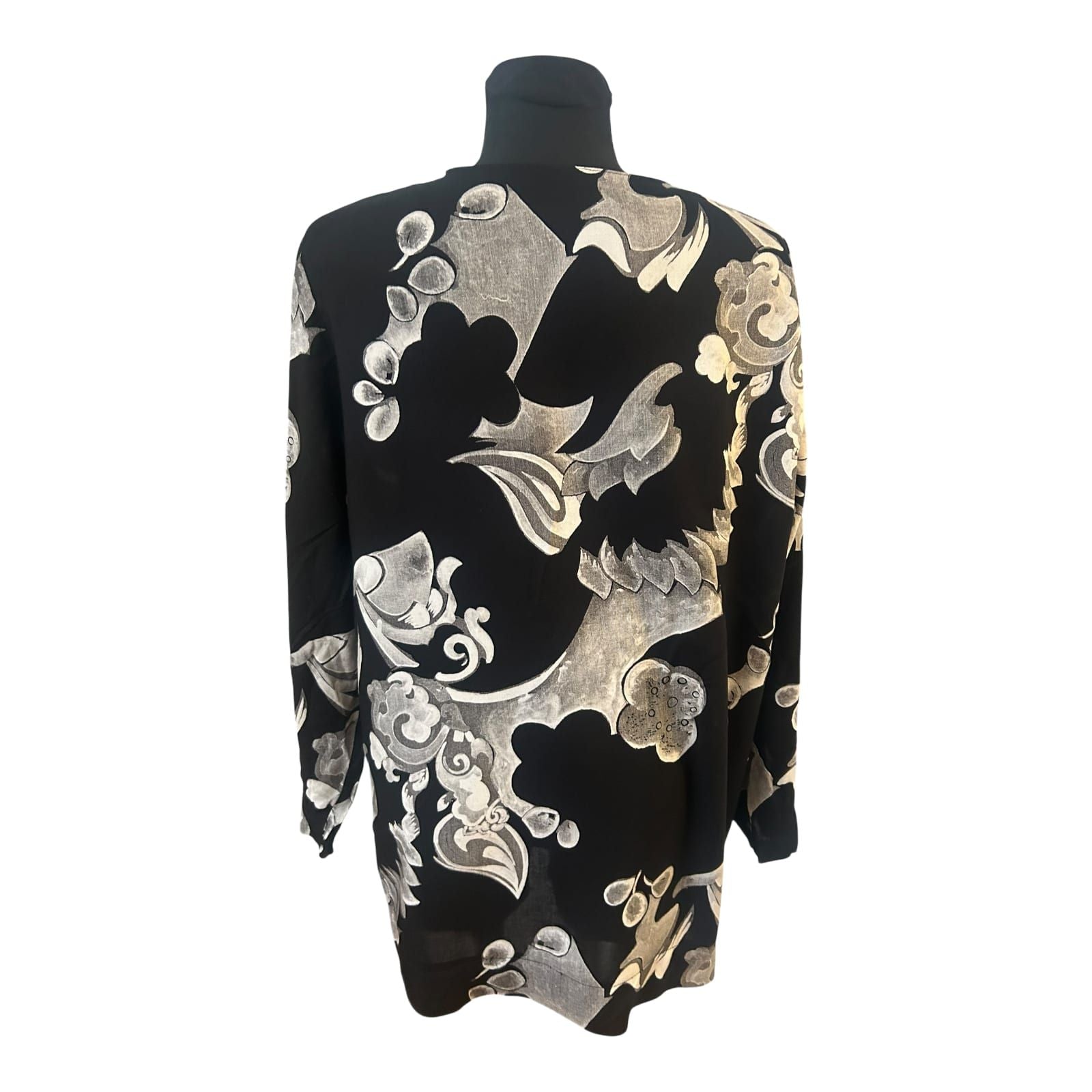 Damen Bluse Gr 40 Schwarz Weiß Viskose Ornament Muster Elegant