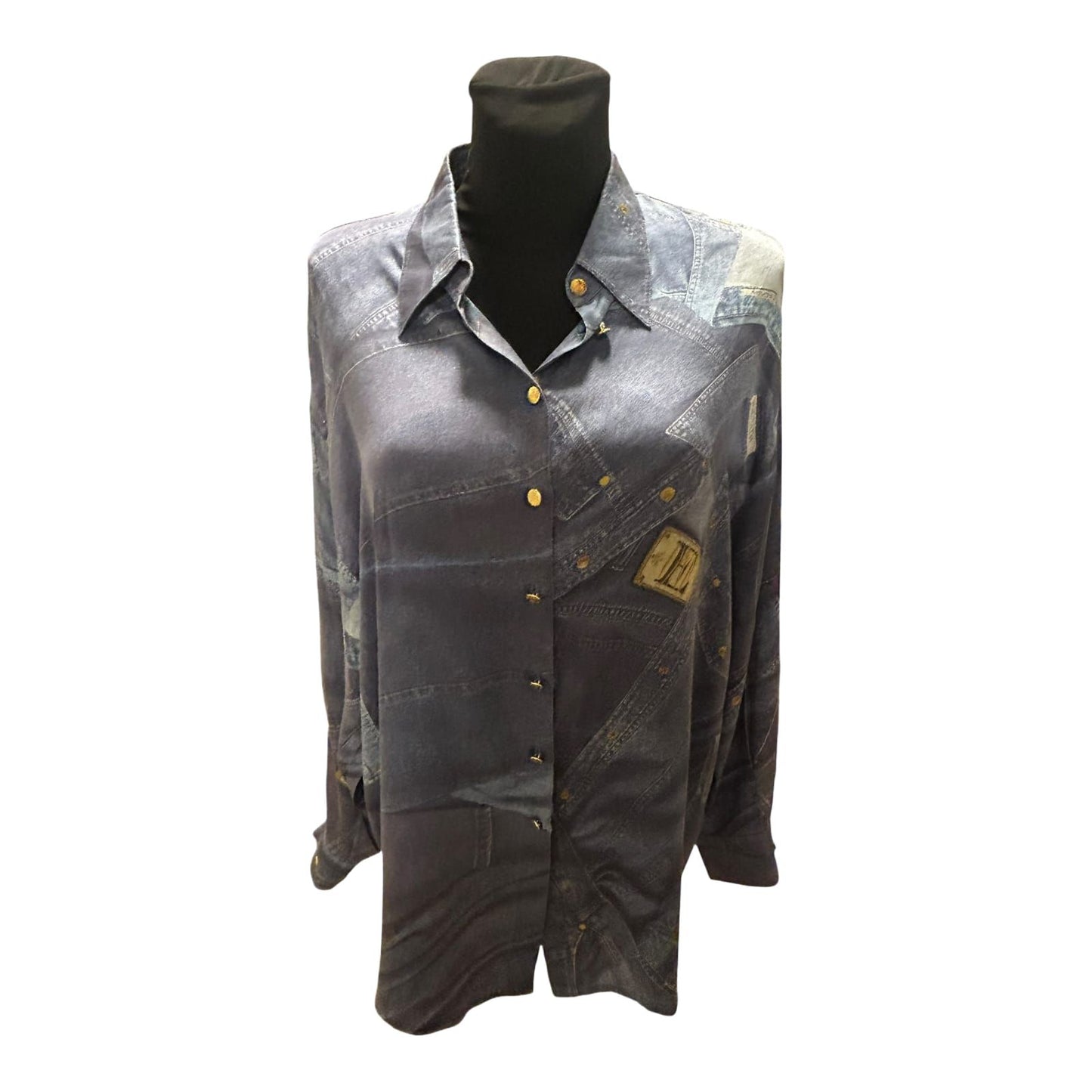 Escada Bluse Damen Gr 44 Seide Jeansprint Goldene Knöpfe Luxus Chic