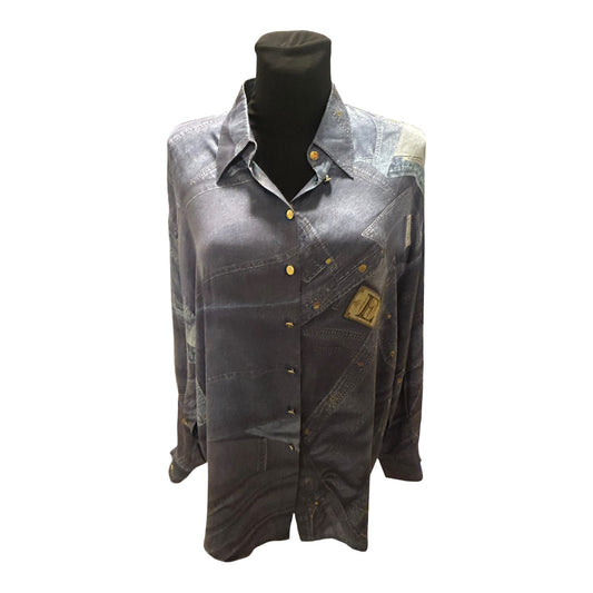 Escada Bluse Damen Gr 44 Seide Jeansprint Goldene Knöpfe Luxus Chic