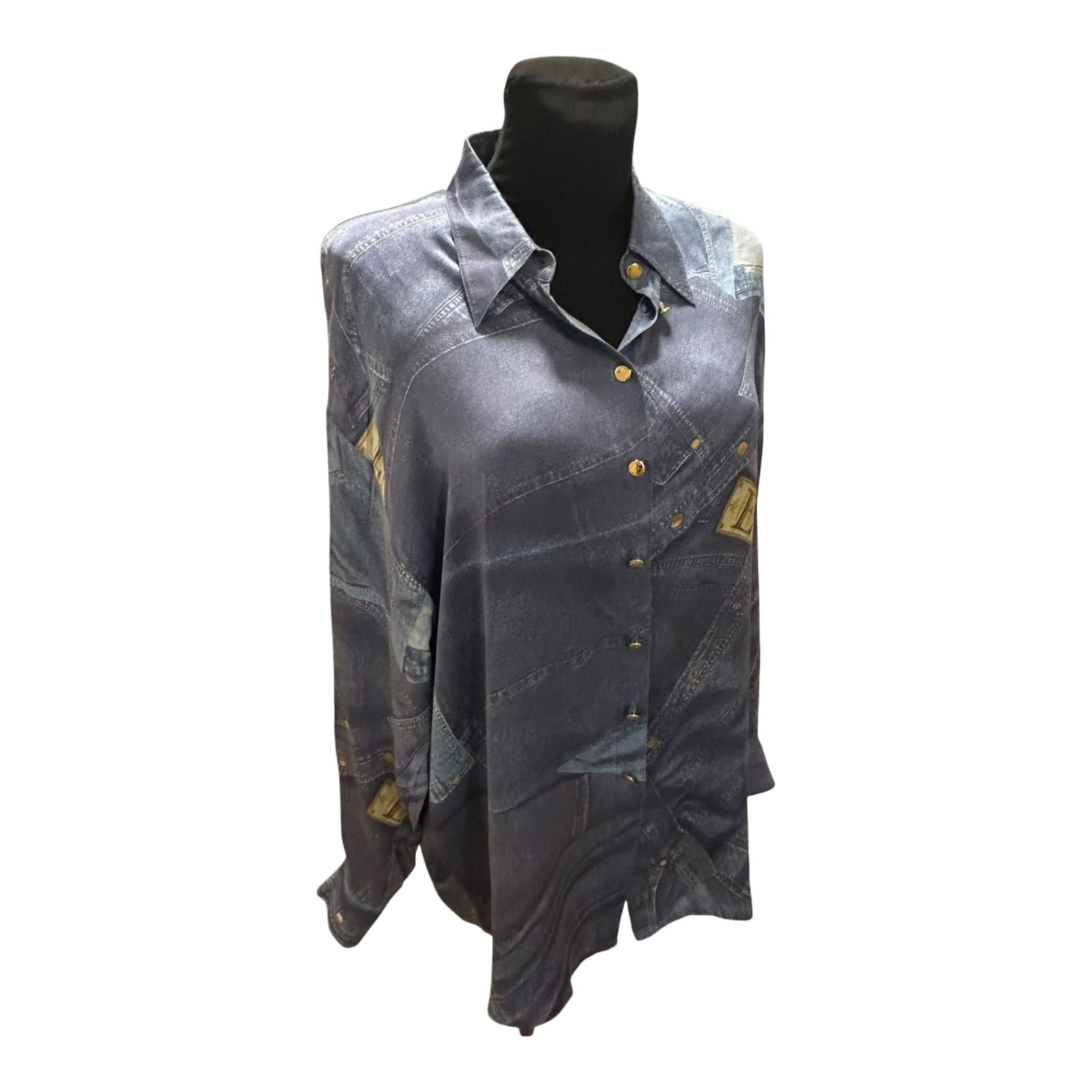Escada Bluse Damen Gr 44 Seide Jeansprint Goldene Knöpfe Luxus Chic