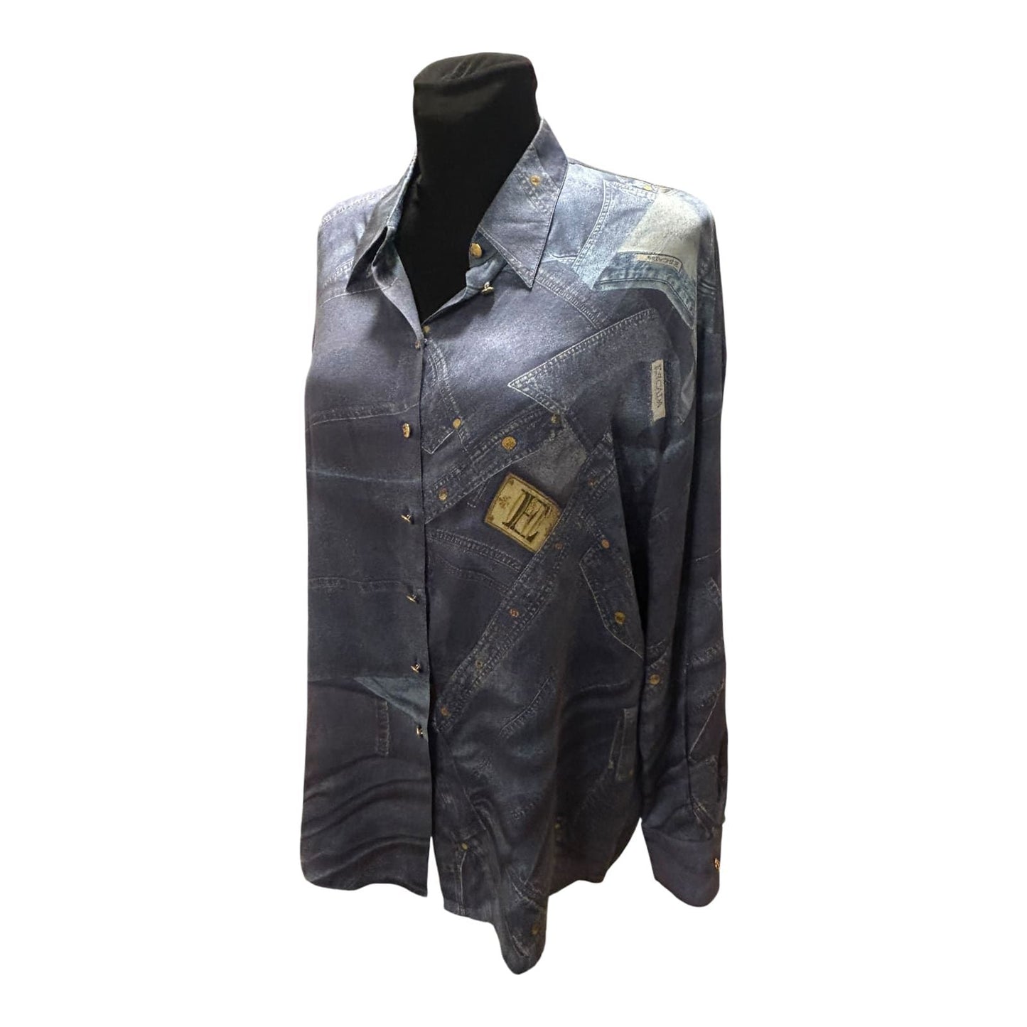 Escada Bluse Damen Gr 44 Seide Jeansprint Goldene Knöpfe Luxus Chic