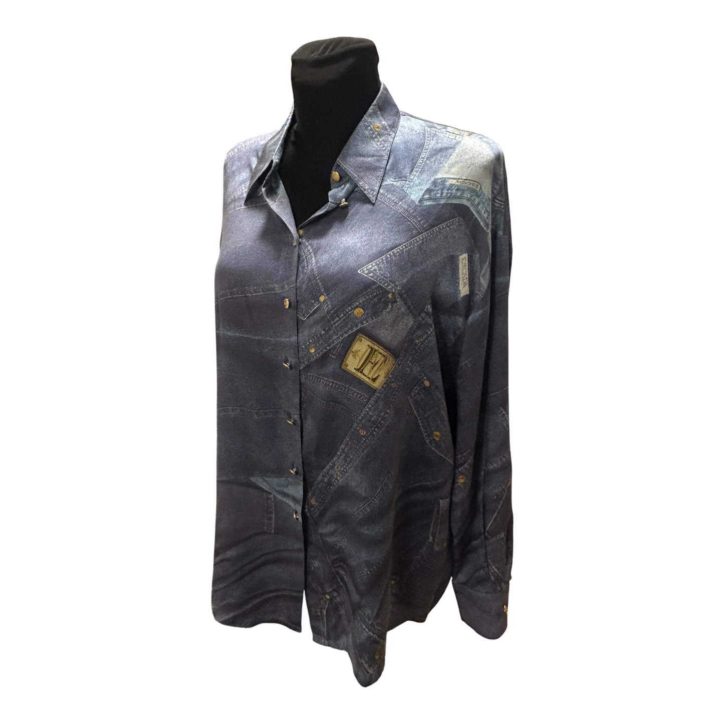 Escada Bluse Damen Gr 44 Seide Jeansprint Goldene Knöpfe Luxus Chic