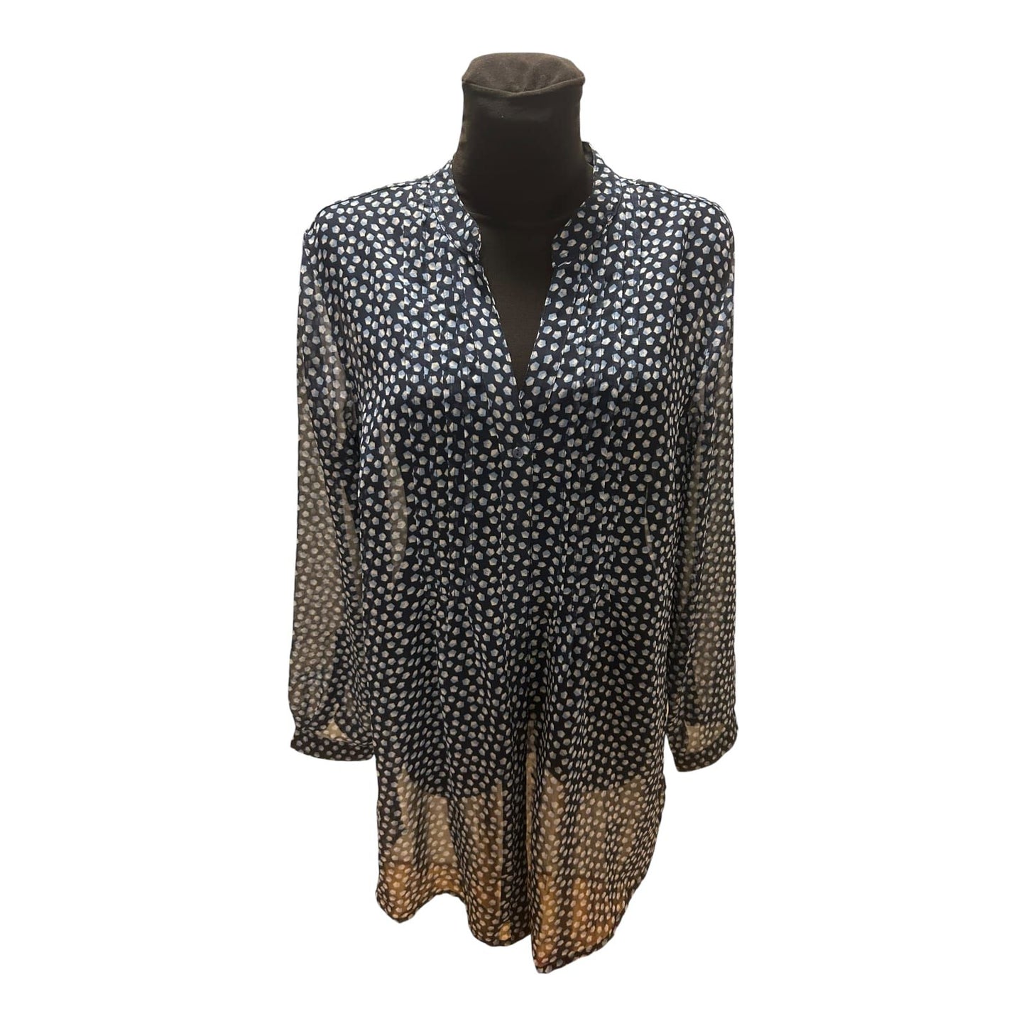 Gina Benotti Bluse Damen Gr L Blau Transparent Weit Langarm Muster