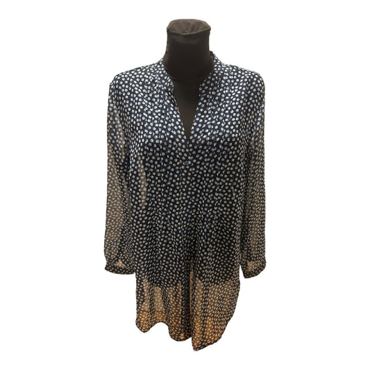 Gina Benotti Bluse Damen Gr L Blau Transparent Weit Langarm Muster