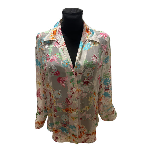 Eva B Bitzer Bluse Damen Gr 46 Seide Transparent Schmetterling Luxus wie Neu!