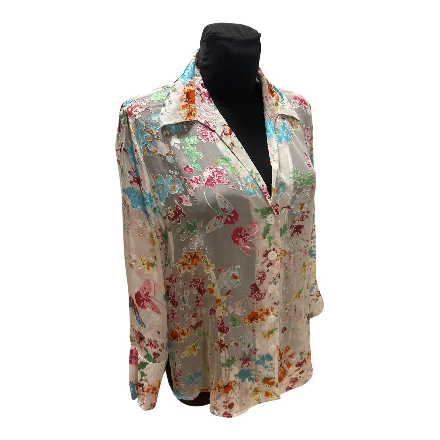 Eva B Bitzer Bluse Damen Gr 46 Seide Transparent Schmetterling Luxus wie Neu!