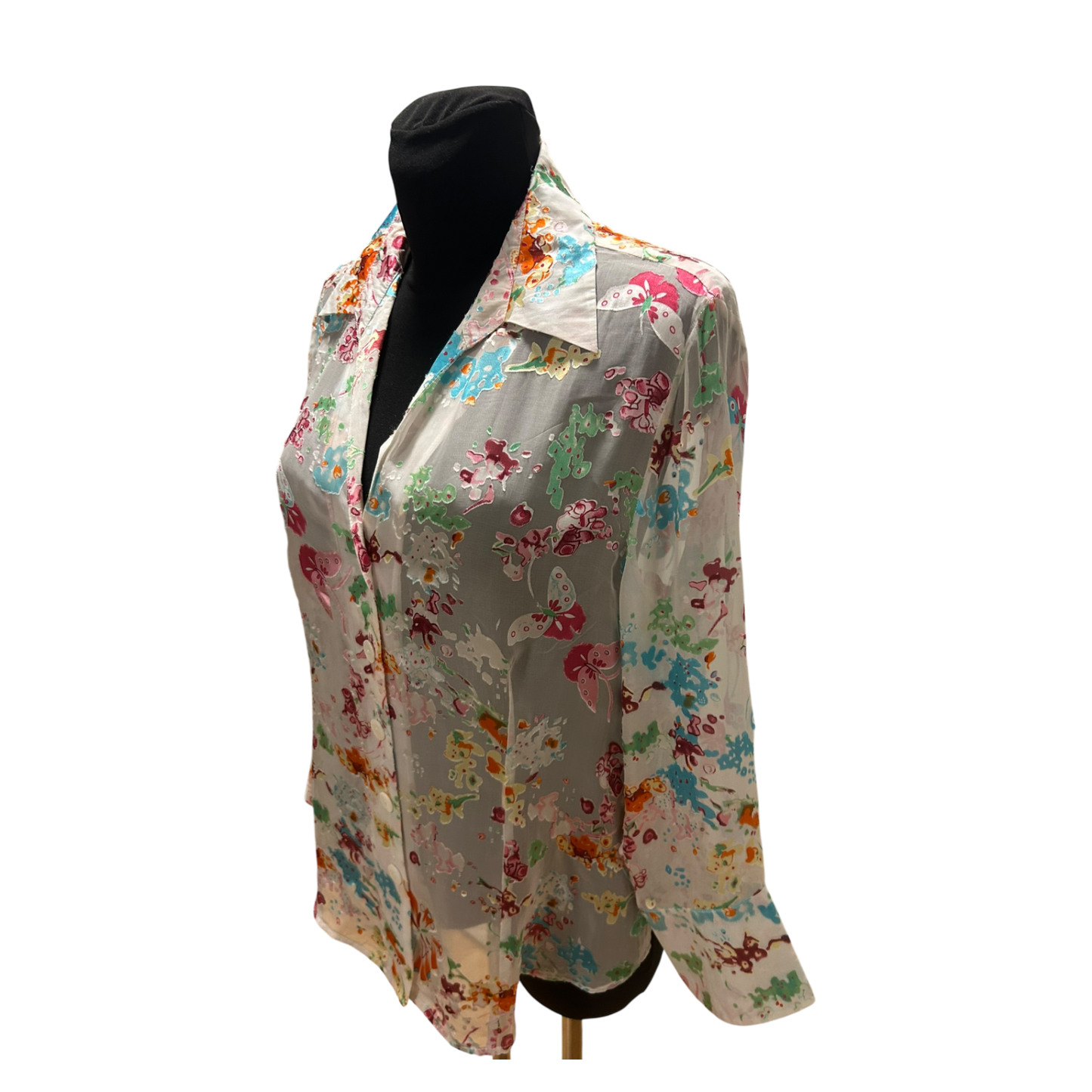 Eva B Bitzer Bluse Damen Gr 46 Seide Transparent Schmetterling Luxus wie Neu!