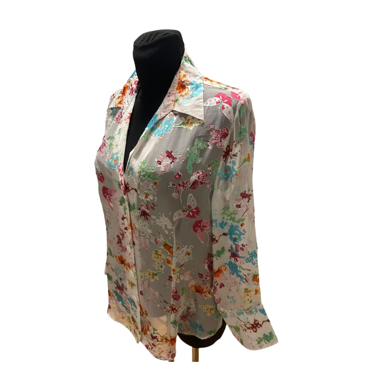 Eva B Bitzer Bluse Damen Gr 46 Seide Transparent Schmetterling Luxus wie Neu!