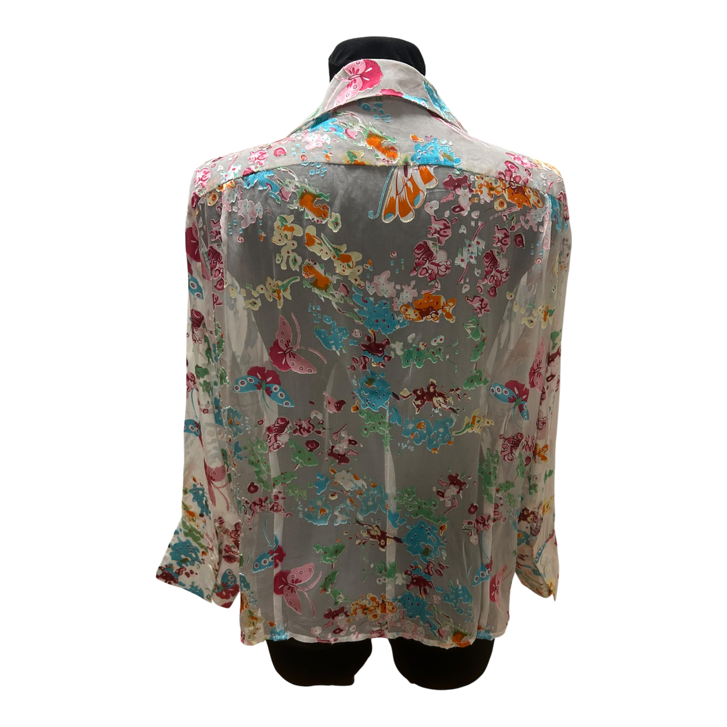 Eva B Bitzer Bluse Damen Gr 46 Seide Transparent Schmetterling Luxus wie Neu!