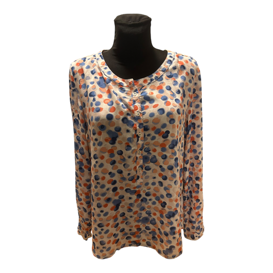 UP Fashion Bluse Damen Gr 44 Blau Orange Punkte Langarm Locker Chic