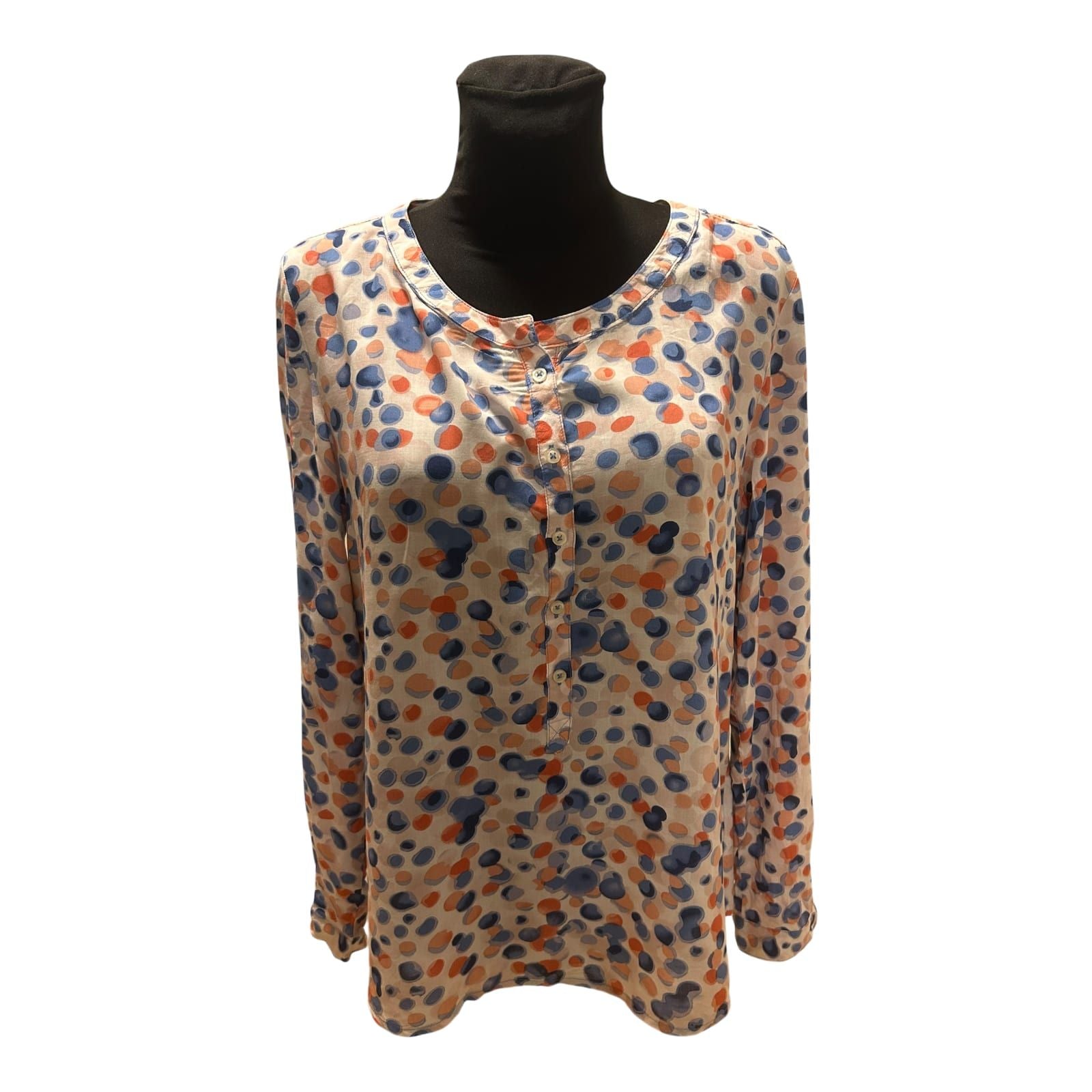 UP Fashion Bluse Damen Gr 44 Blau Orange Punkte Langarm Locker Chic