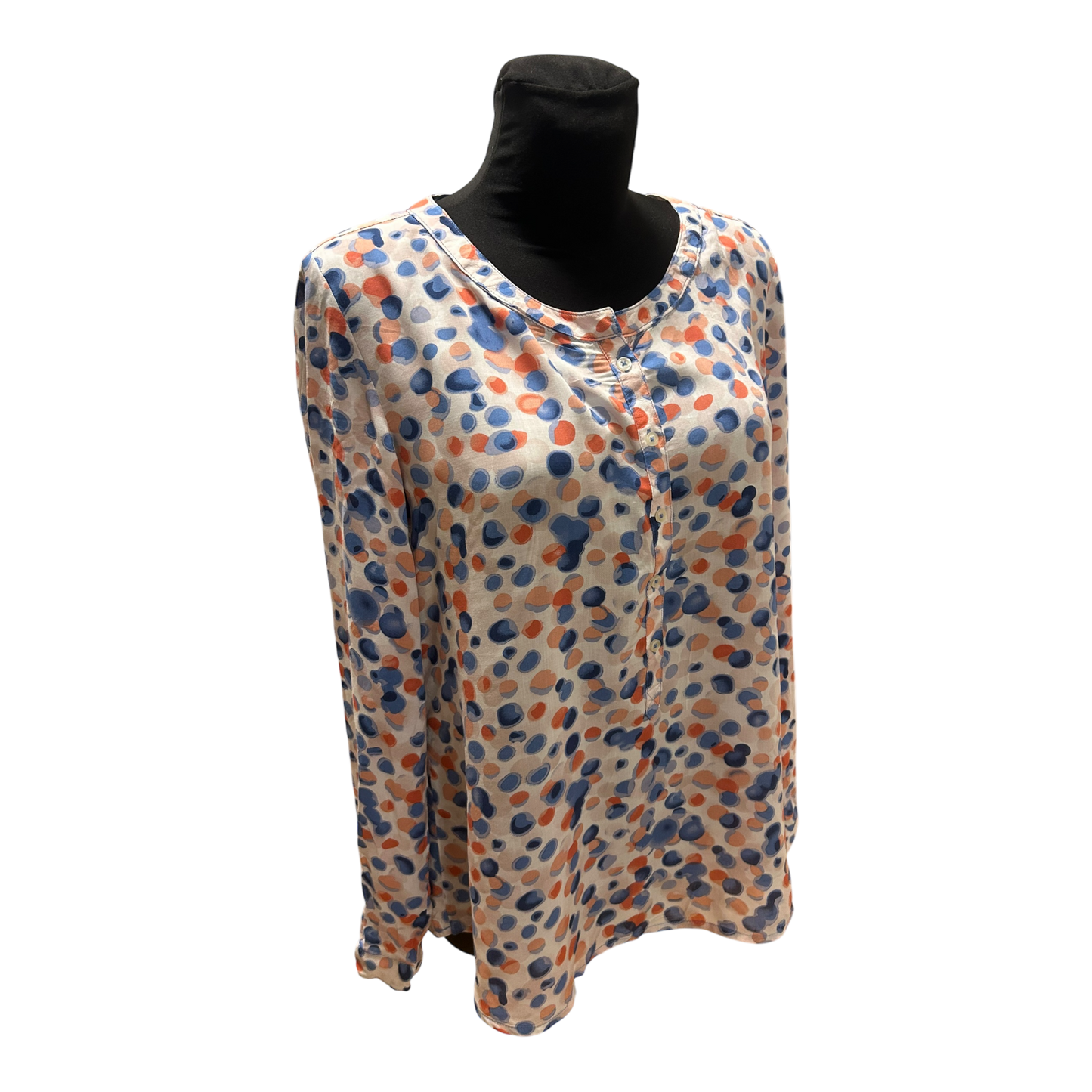 UP Fashion Bluse Damen Gr 44 Blau Orange Punkte Langarm Locker Chic