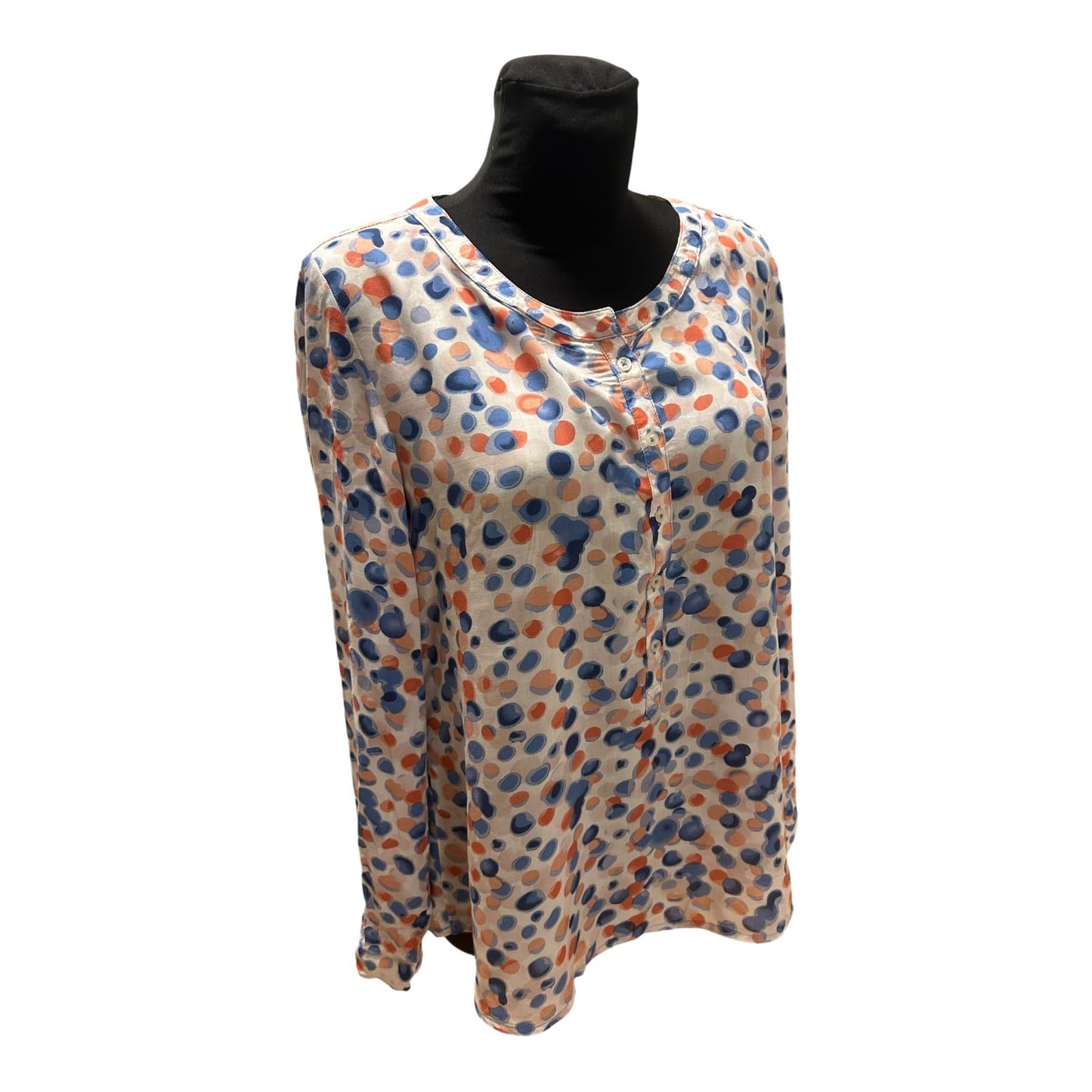 UP Fashion Bluse Damen Gr 44 Blau Orange Punkte Langarm Locker Chic
