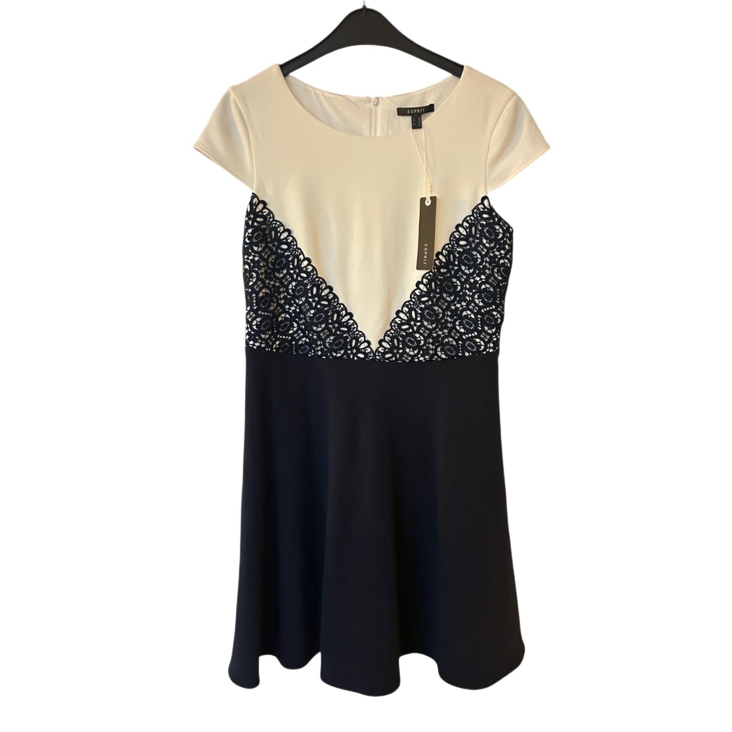 Esprit Kleid Damen Dress Damenkleid Gr. 40 Weiß Spitze Kontrast Neu Hochwertig
