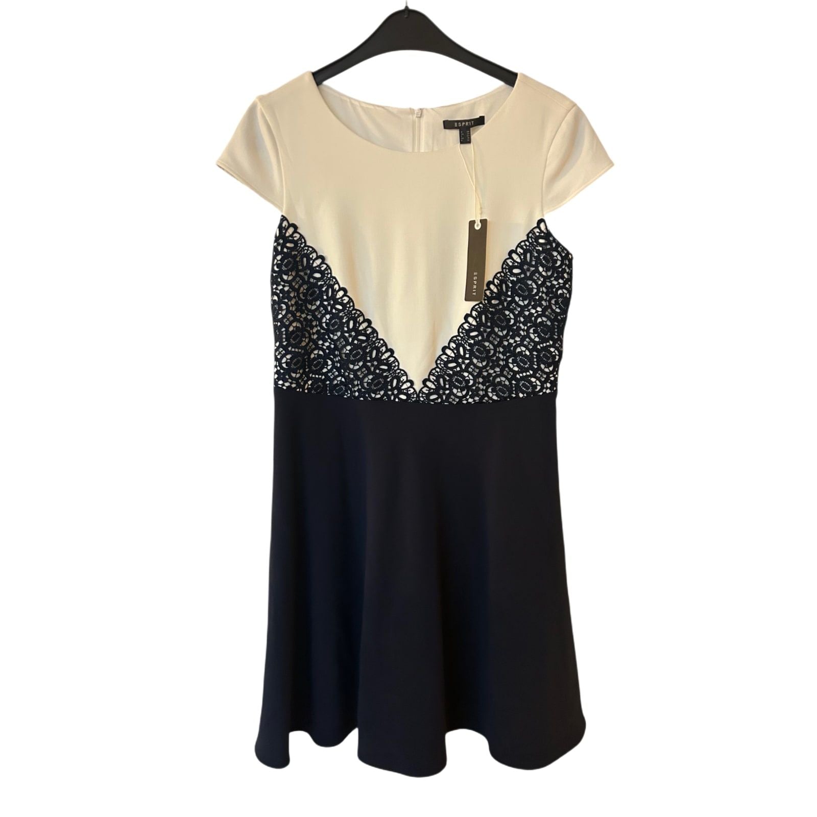 Esprit Kleid Damen Dress Damenkleid Gr. 40 Weiß Spitze Kontrast Neu Hochwertig