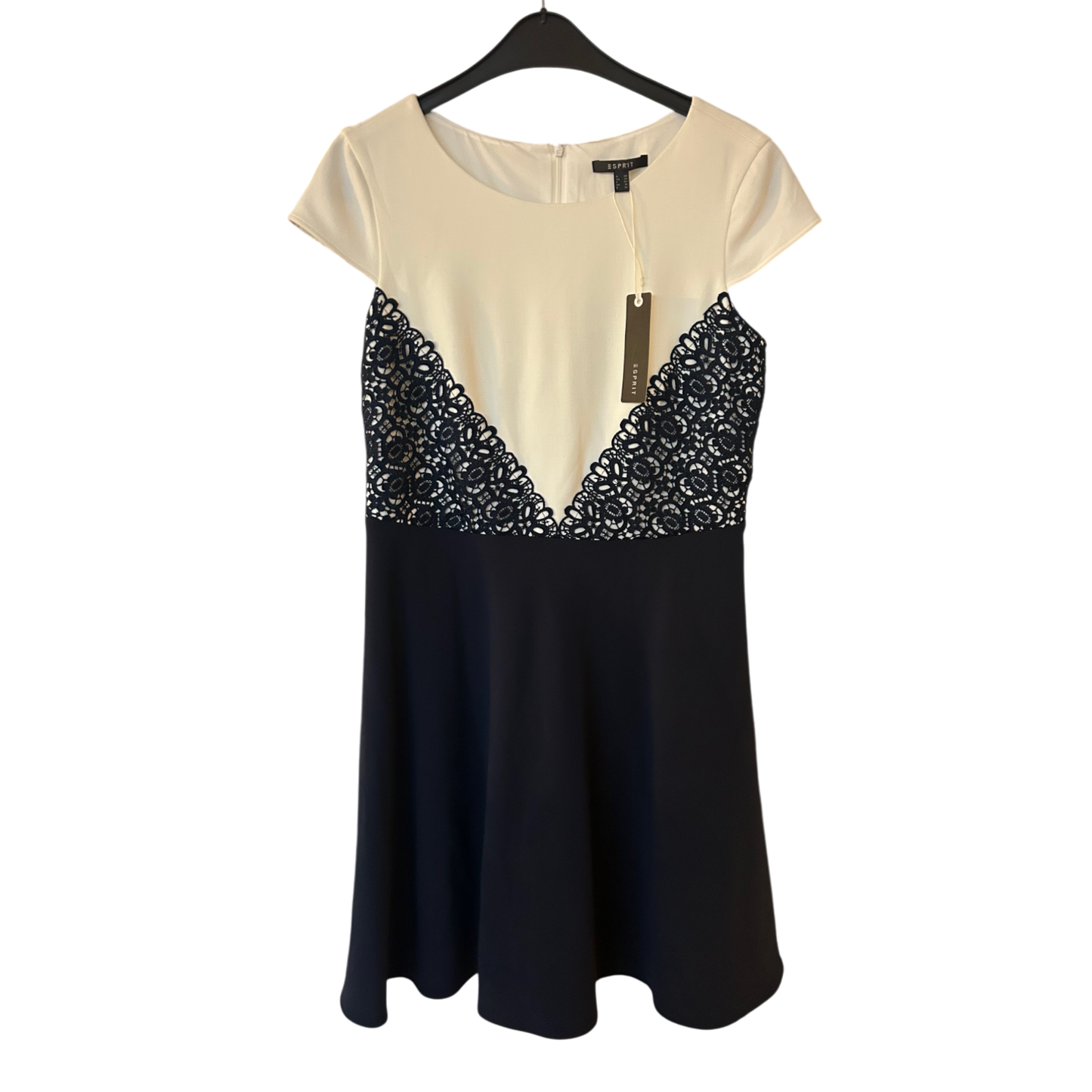 Esprit Kleid Damen Dress Damenkleid Gr. 40 Weiß Spitze Kontrast Neu Hochwertig
