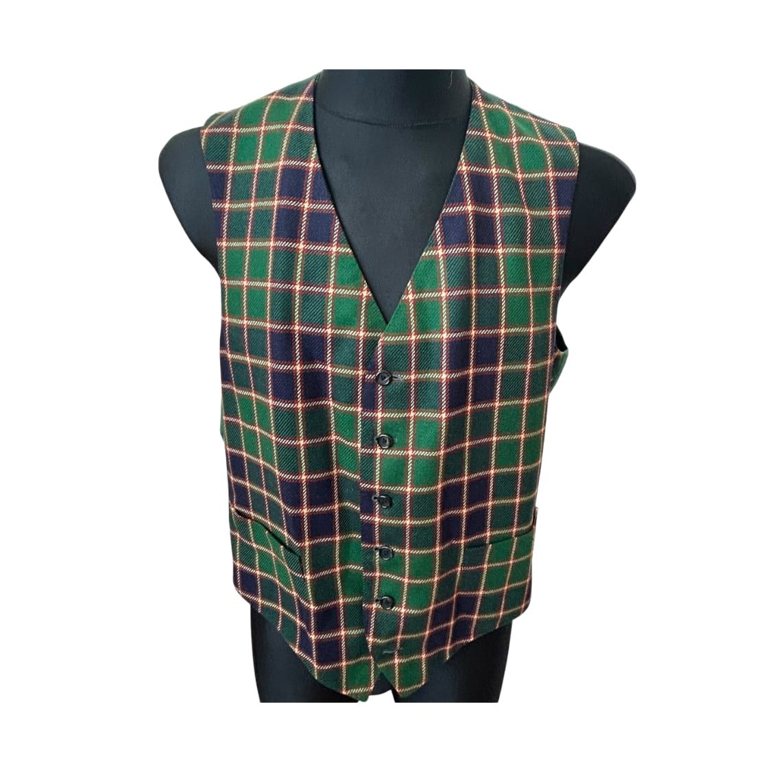 Herren Weste Gr 48 Grün Kariert Wollstoff Country Stil Elegant Vintage