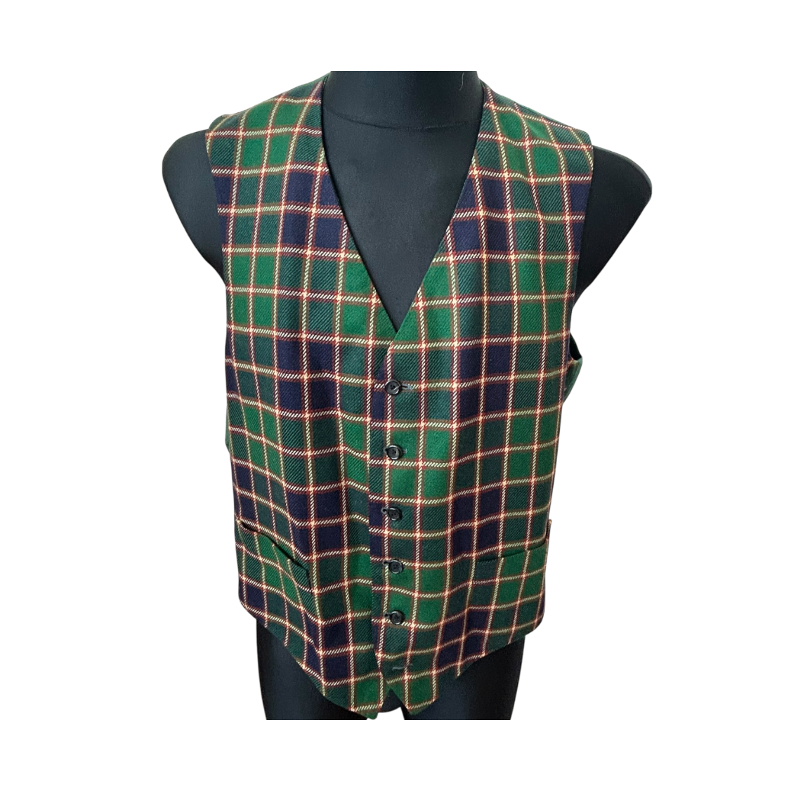 Herren Weste Gr 48 Grün Kariert Wollstoff Country Stil Elegant Vintage