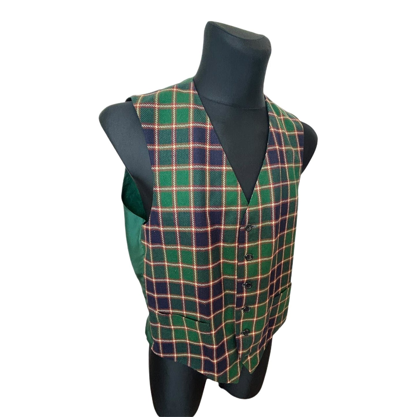 Herren Weste Gr 48 Grün Kariert Wollstoff Country Stil Elegant Vintage