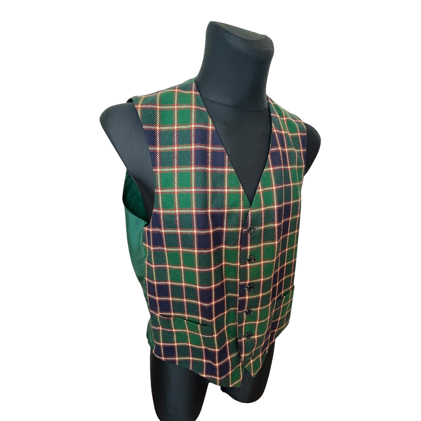 Herren Weste Gr 48 Grün Kariert Wollstoff Country Stil Elegant Vintage