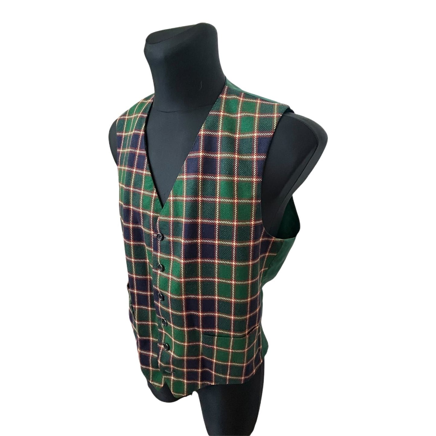 Herren Weste Gr 48 Grün Kariert Wollstoff Country Stil Elegant Vintage