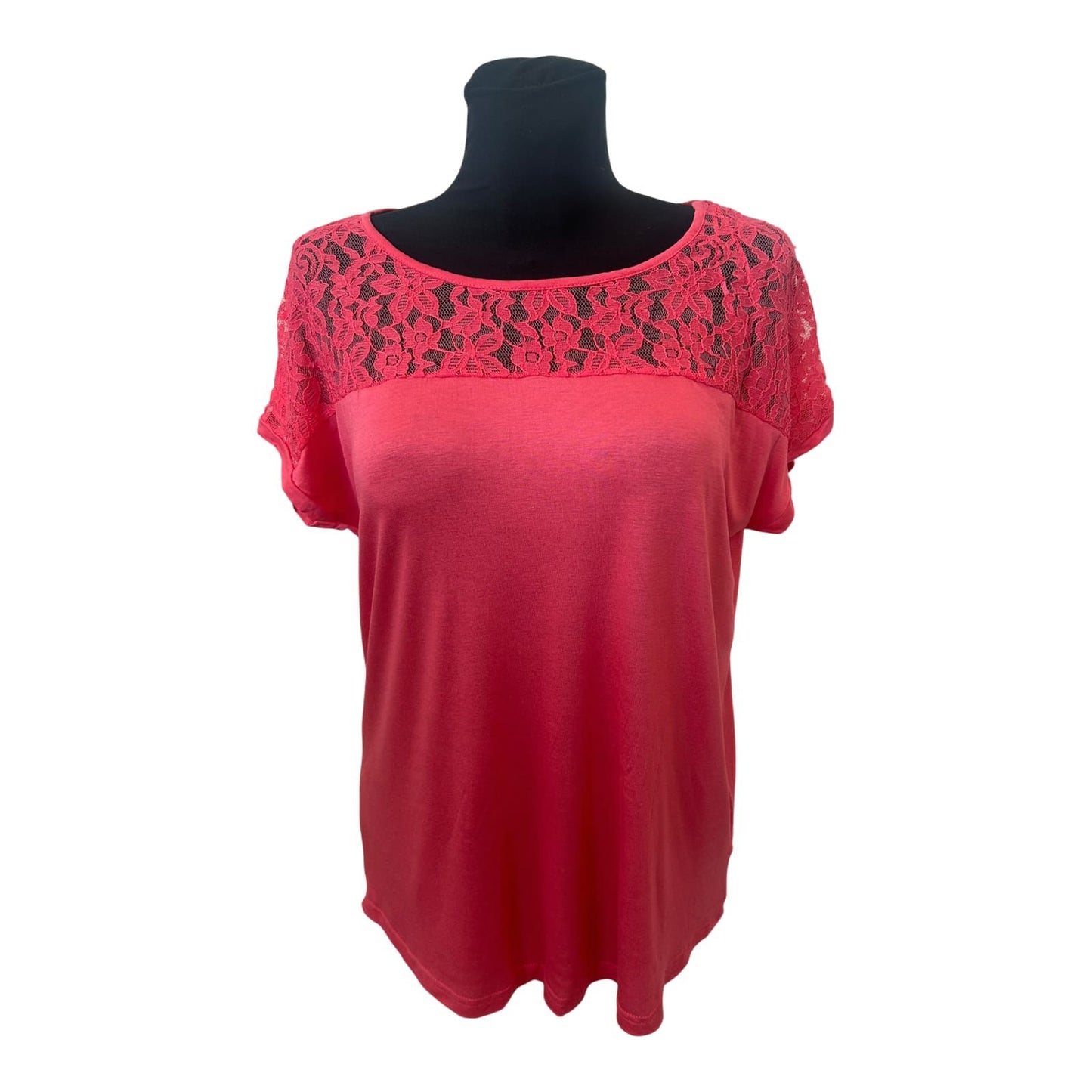 Janina Damen T Shirt Gr 42 Pink Spitze Kurzarm Viskose Stretch Neu