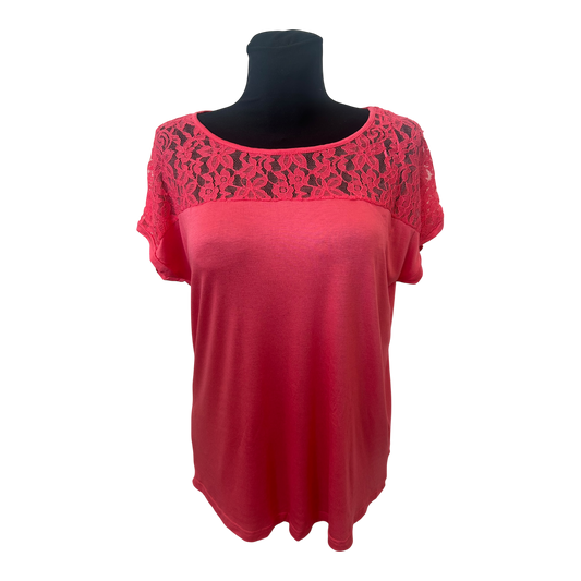 Janina Damen T Shirt Gr 42 Pink Spitze Kurzarm Viskose Stretch Neu