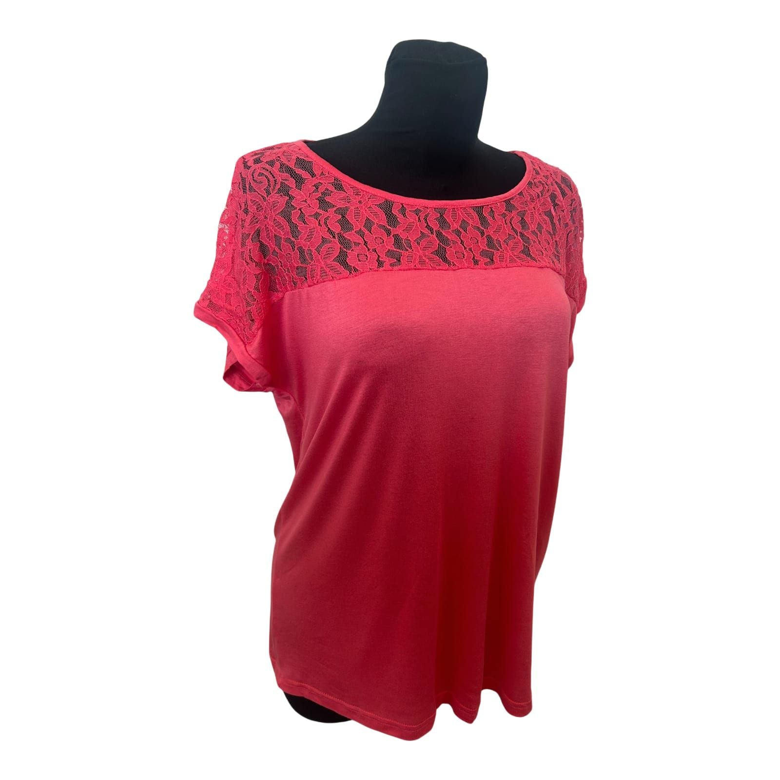 Janina Damen T Shirt Gr 42 Pink Spitze Kurzarm Viskose Stretch Neu