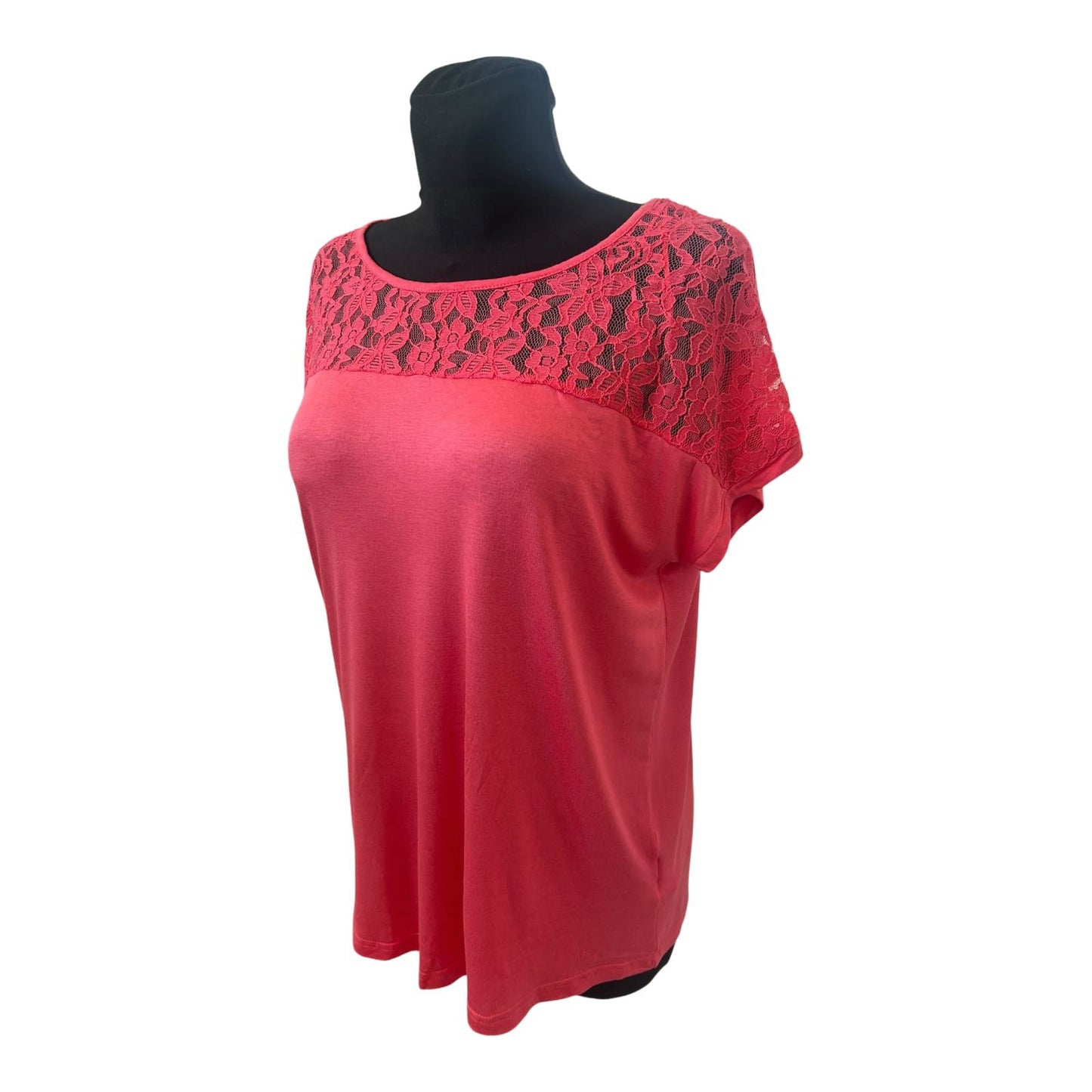 Janina Damen T Shirt Gr 42 Pink Spitze Kurzarm Viskose Stretch Neu