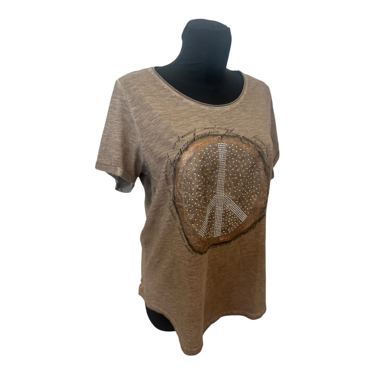 Gina Laura Damen T Shirt Gr L Braun Meliert Peace Nieten Casual Stretch