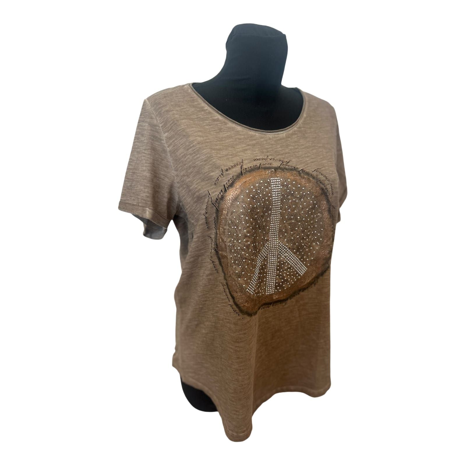 Gina Laura Damen T Shirt Gr L Braun Meliert Peace Nieten Casual Stretch