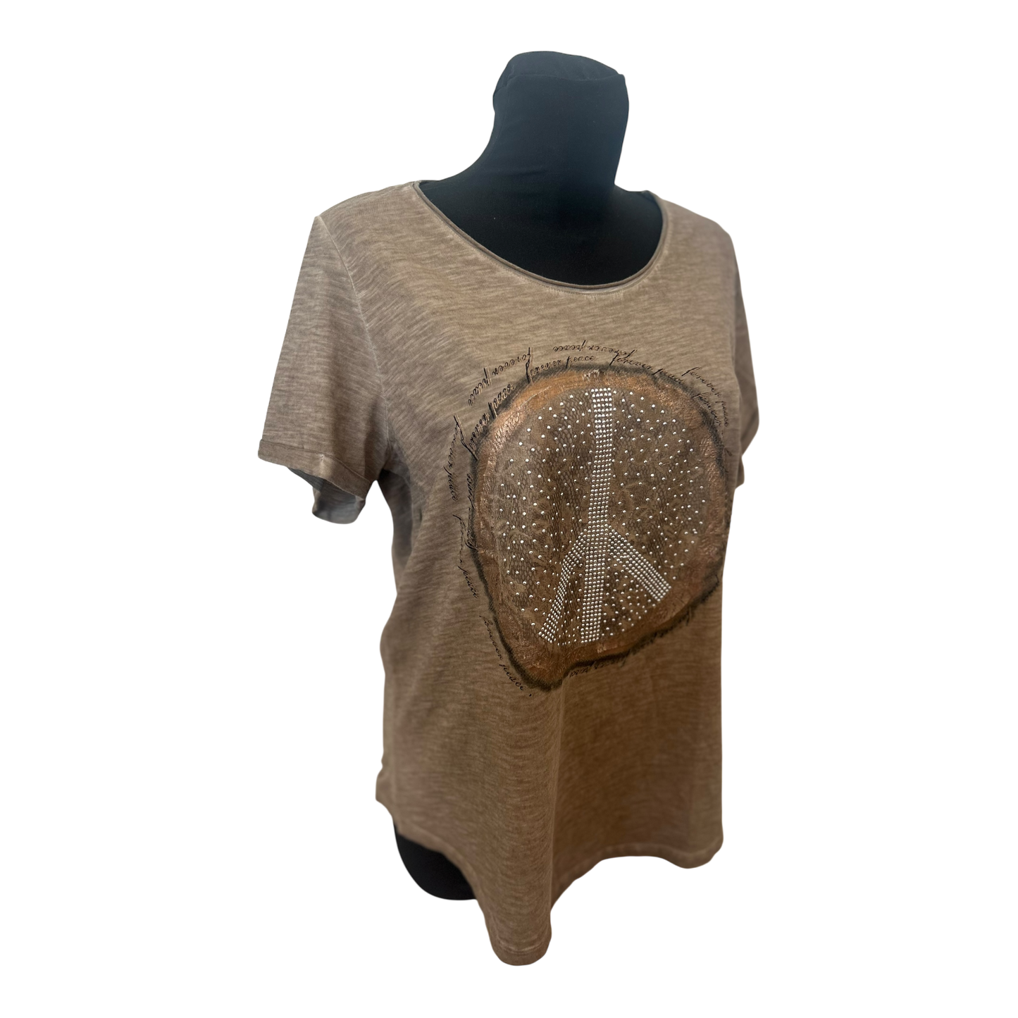Gina Laura Damen T Shirt Gr L Braun Meliert Peace Nieten Casual Stretch