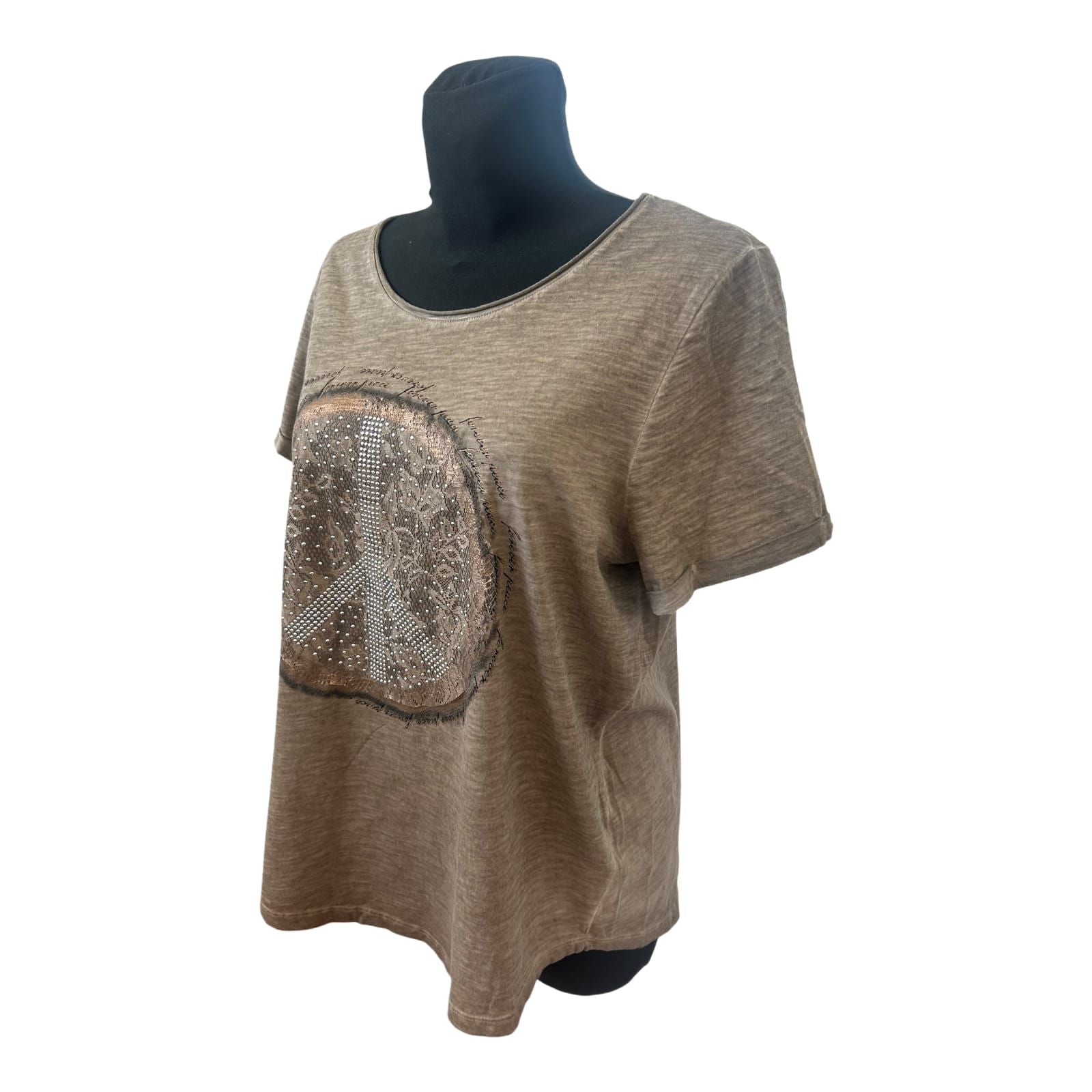 Gina Laura Damen T Shirt Gr L Braun Meliert Peace Nieten Casual Stretch