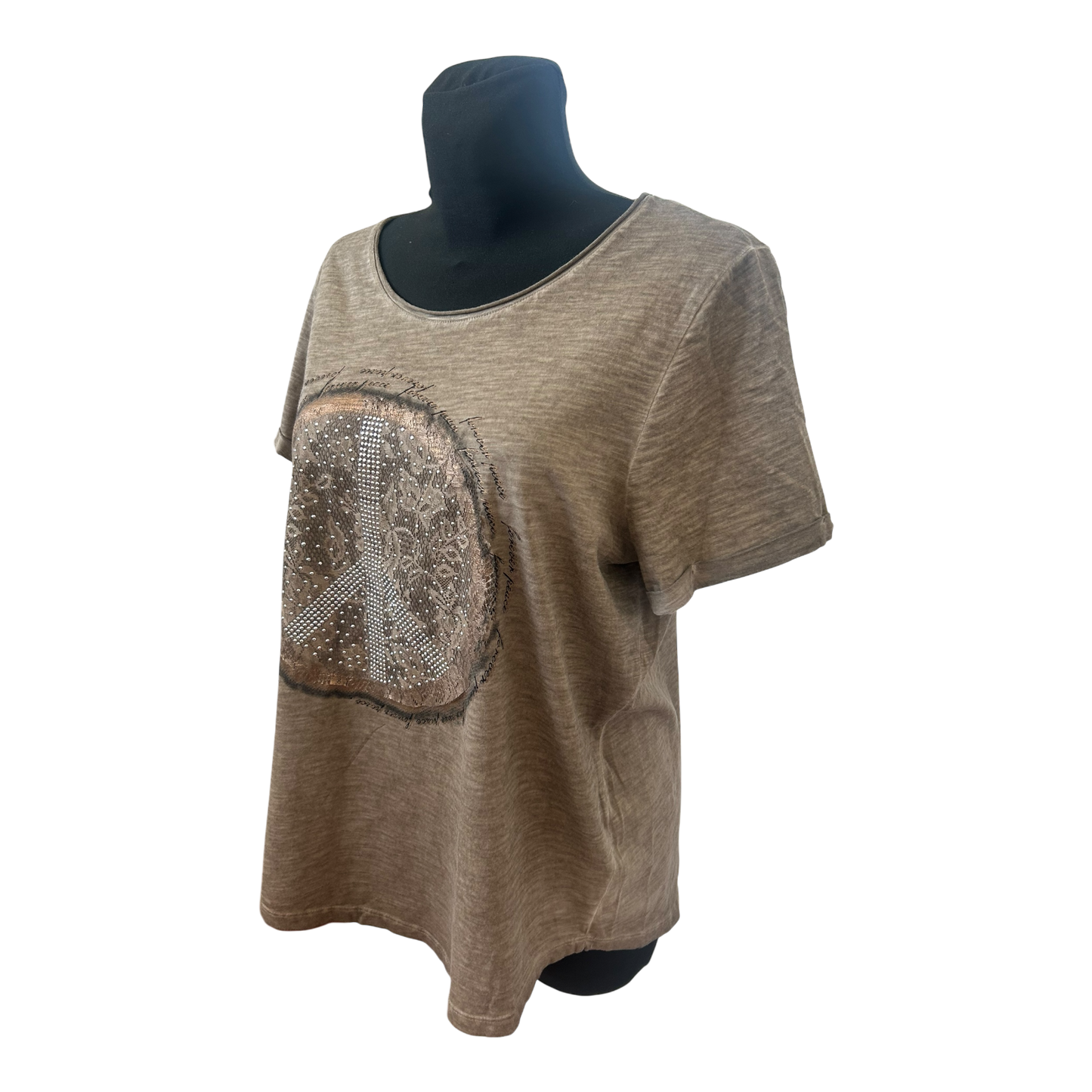 Gina Laura Damen T Shirt Gr L Braun Meliert Peace Nieten Casual Stretch