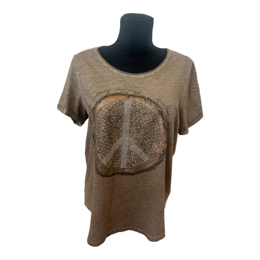 Gina Laura Damen T Shirt Gr L Braun Meliert Peace Nieten Casual Stretch
