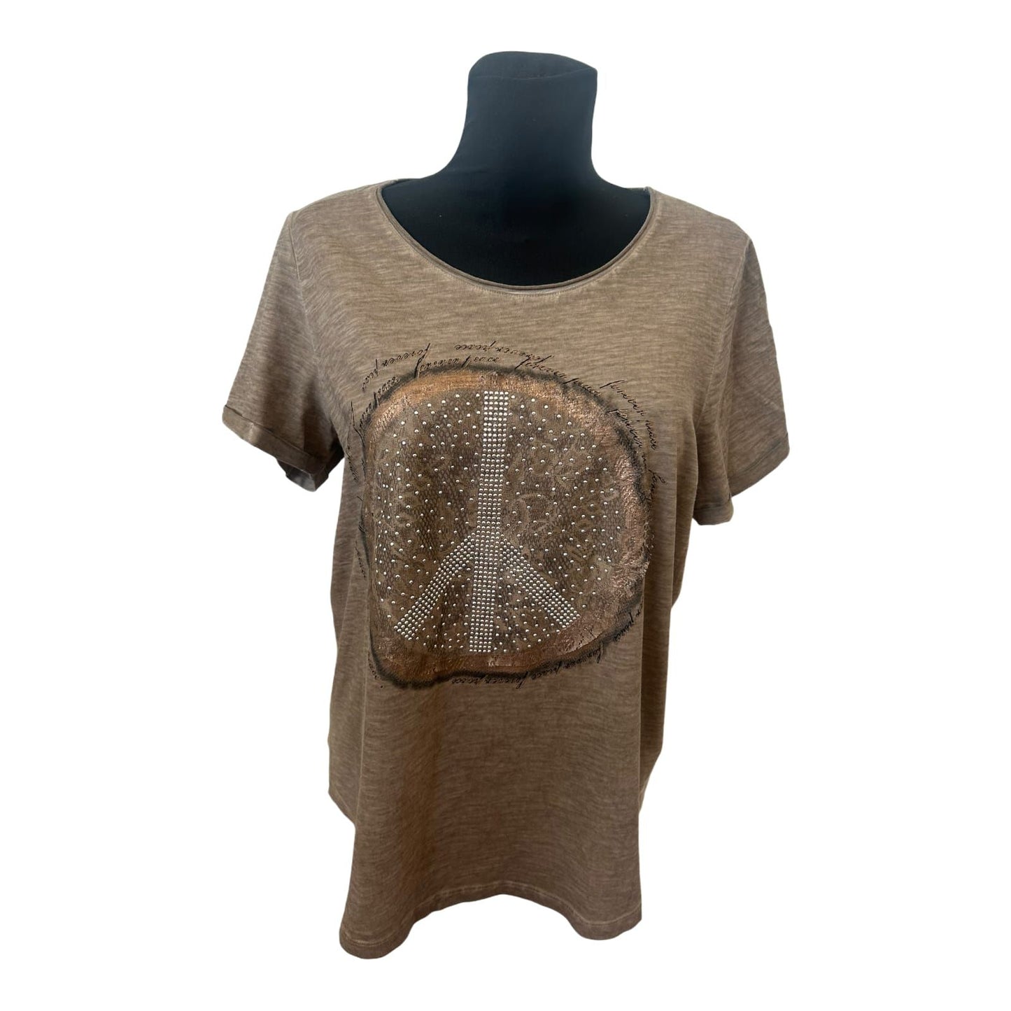 Gina Laura Damen T Shirt Gr L Braun Meliert Peace Nieten Casual Stretch