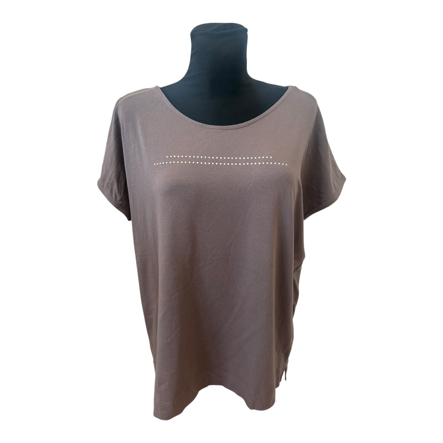 Adagio Damen Shirt Gr 46 Braun Modal Baumwolle Stretch Punkte Applikation