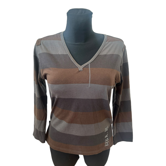 Killtec Giga DX Damen Shirt Gr 40 Braun Grau Gestreift 3/4 Arm Baumwolle