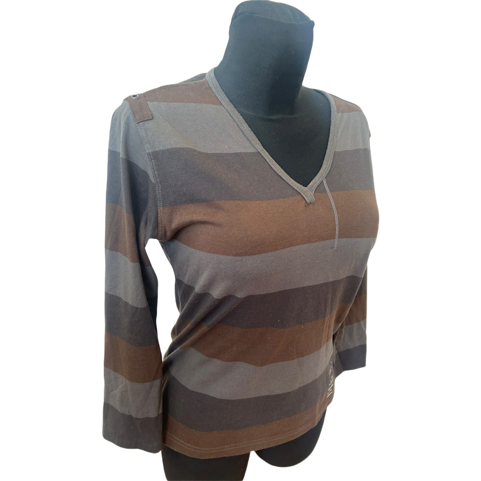 Killtec Giga DX Damen Shirt Gr 40 Braun Grau Gestreift 3/4 Arm Baumwolle