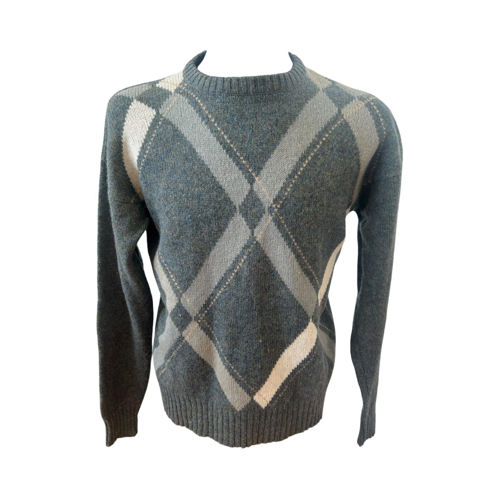 Herren Pullover 54 Schurwolle Grau Beige Blau Argyle Muster Vintage