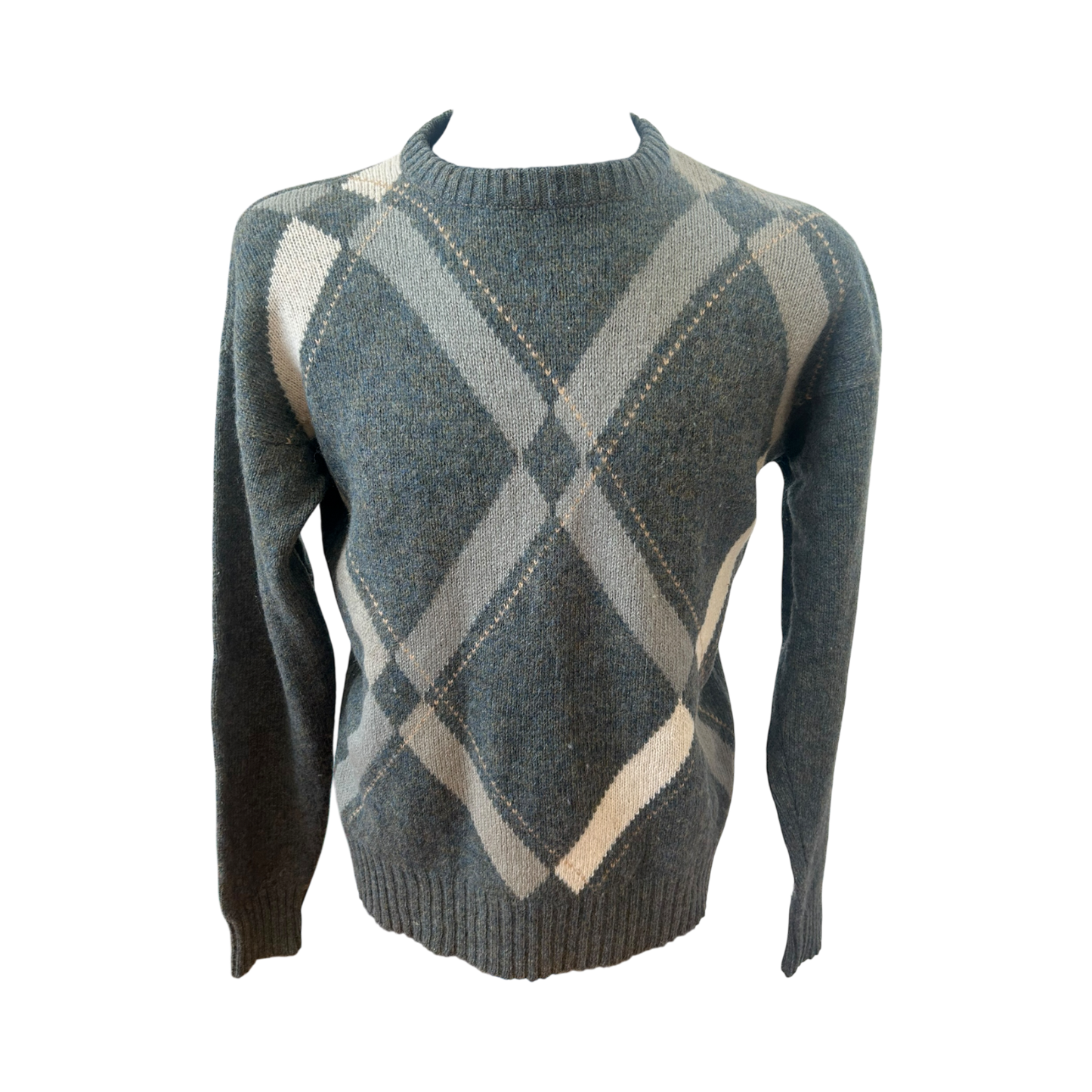 Herren Pullover 54 Schurwolle Grau Beige Blau Argyle Muster Vintage