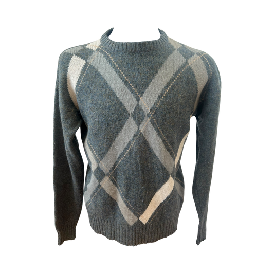 Herren Pullover 54 Schurwolle Grau Beige Blau Argyle Muster Vintage