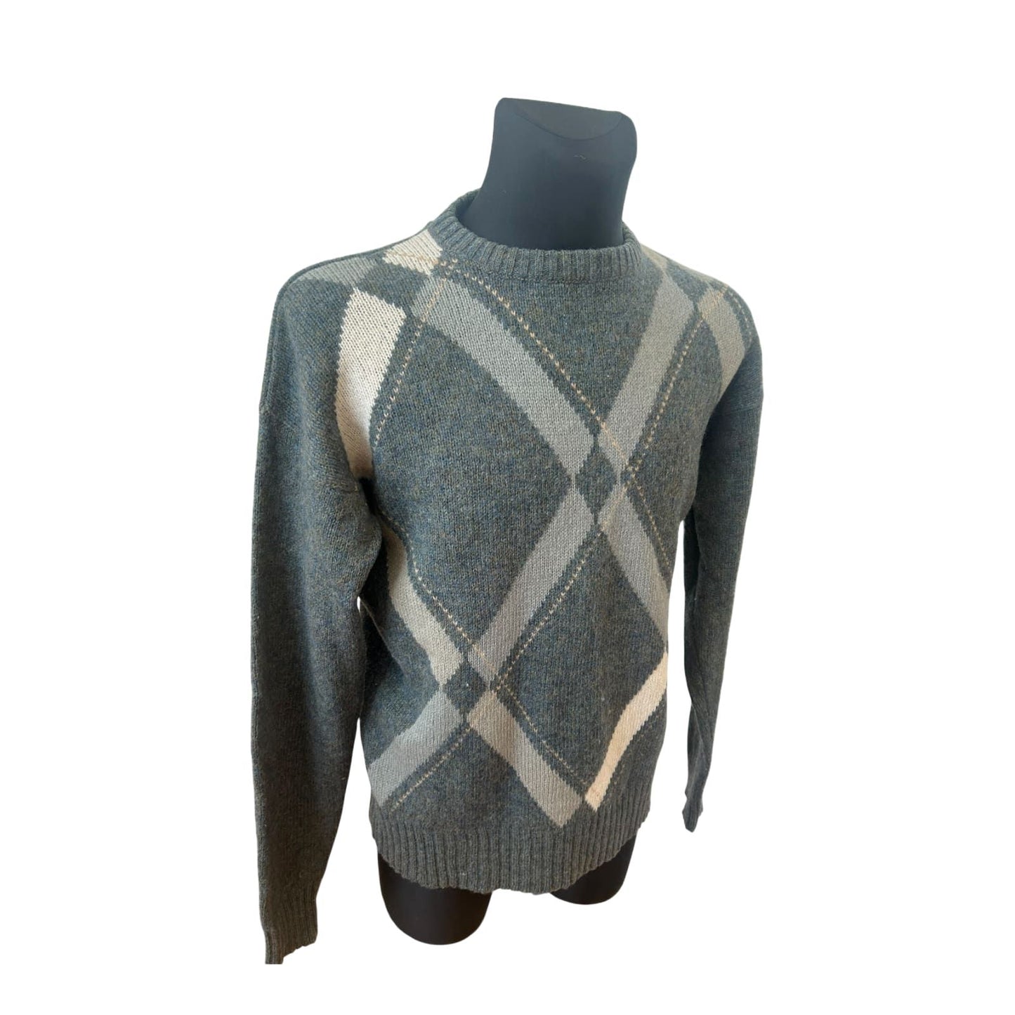 Herren Pullover 54 Schurwolle Grau Beige Blau Argyle Muster Vintage