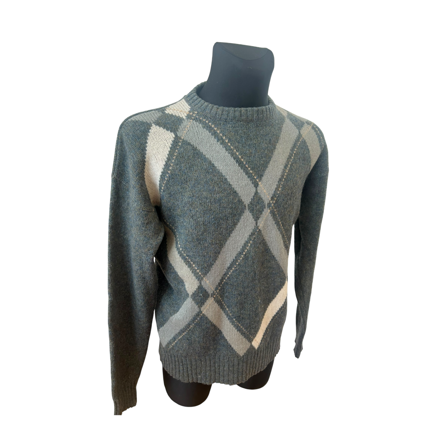 Herren Pullover 54 Schurwolle Grau Beige Blau Argyle Muster Vintage