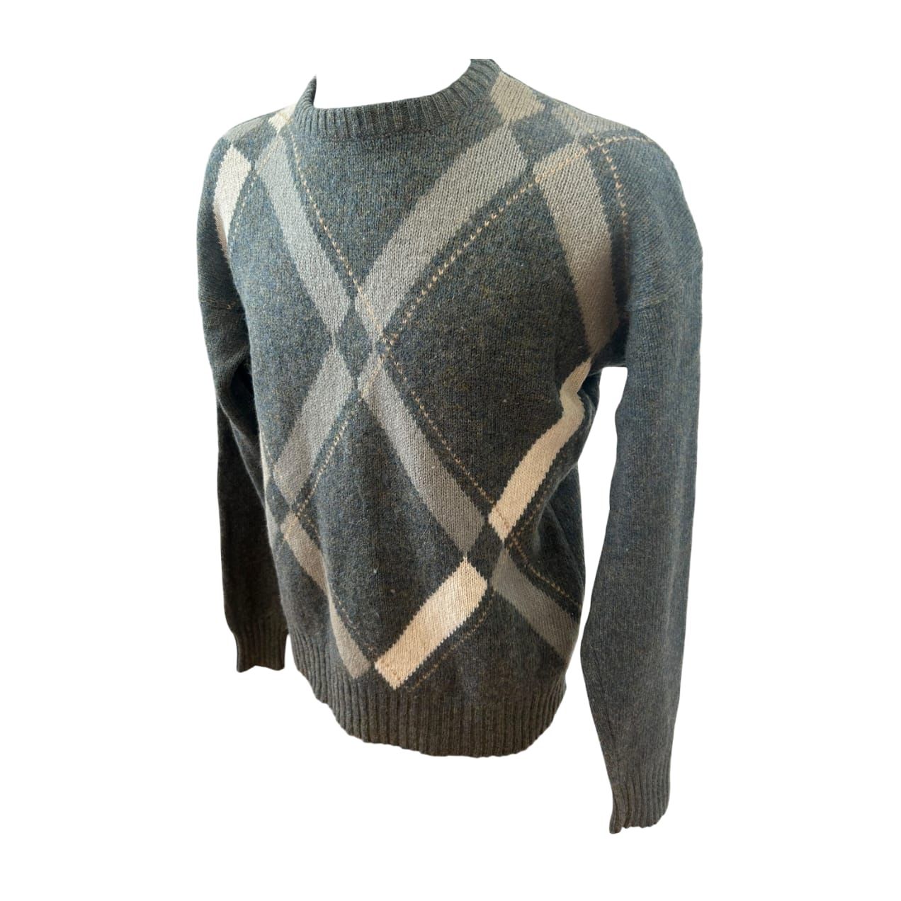 Herren Pullover 54 Schurwolle Grau Beige Blau Argyle Muster Vintage