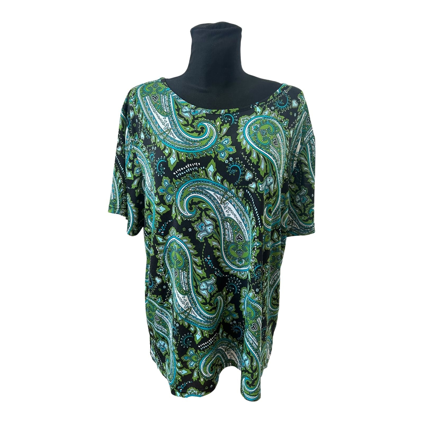 OKAY Damen Shirt XXL Grün Schwarz Paisley Muster Kurzarm Stretch Top