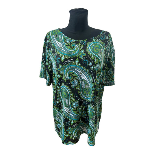 OKAY Damen Shirt XXL Grün Schwarz Paisley Muster Kurzarm Stretch Top