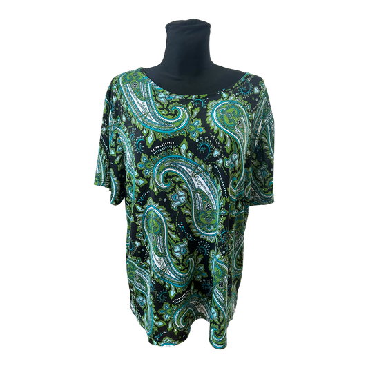 OKAY Damen Shirt XXL Grün Schwarz Paisley Muster Kurzarm Stretch Top