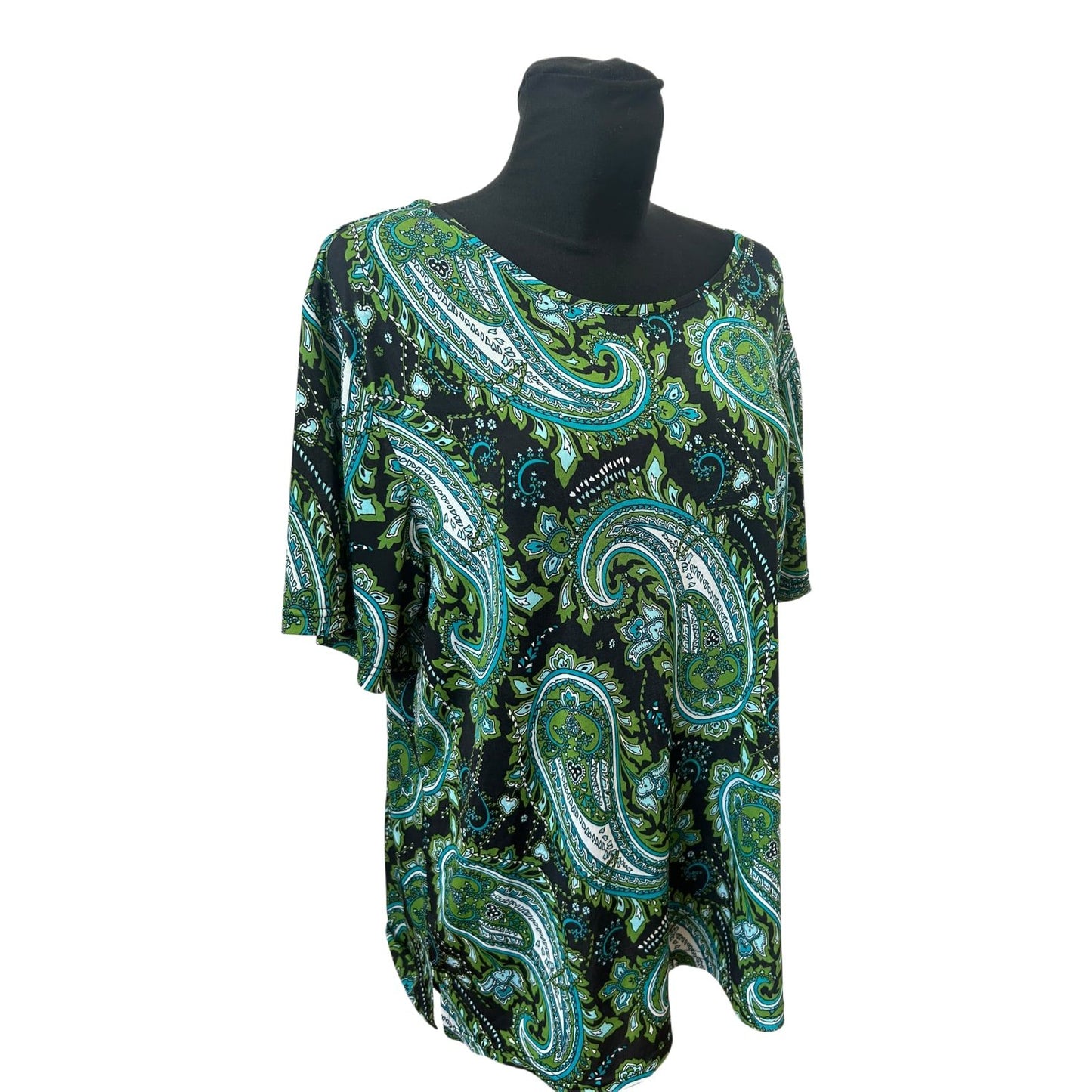 OKAY Damen Shirt XXL Grün Schwarz Paisley Muster Kurzarm Stretch Top