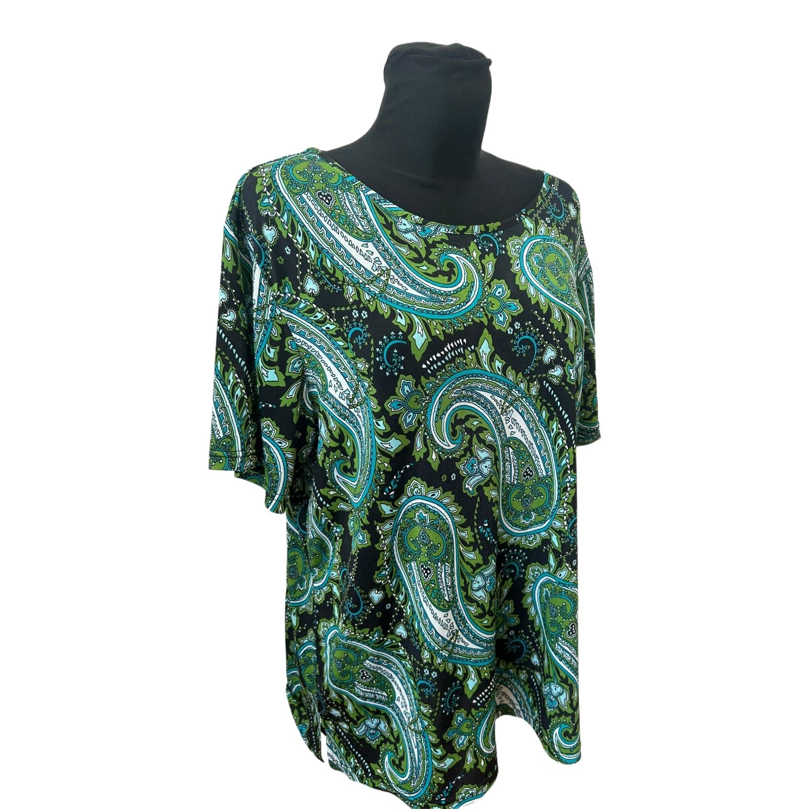 OKAY Damen Shirt XXL Grün Schwarz Paisley Muster Kurzarm Stretch Top